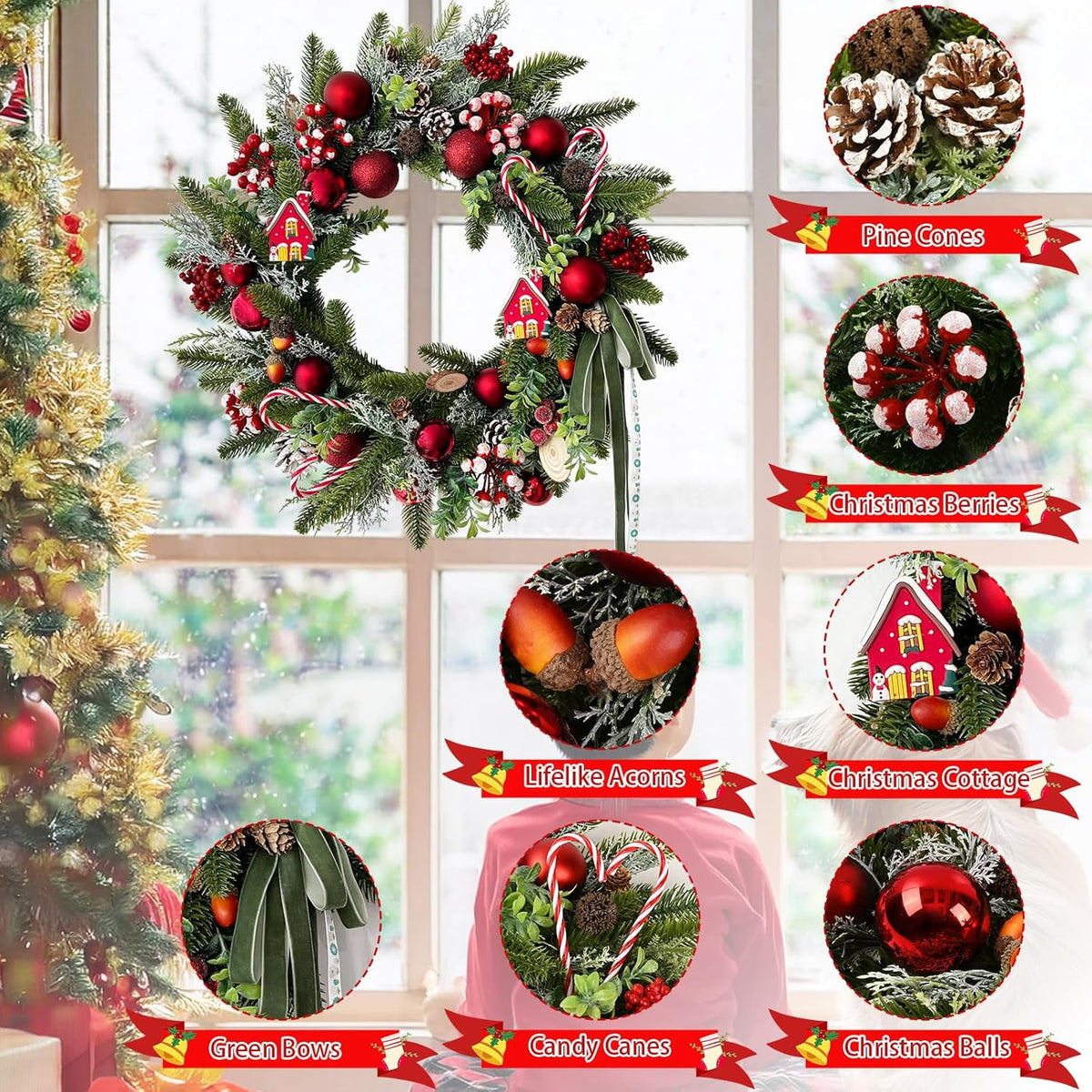 Waipfaru Artificial Christmas Wreaths with lights,20inch Christmas Door Wreath with Xmas Balls Berries Pinecones for Wall Fireplace Shop Window Decoration