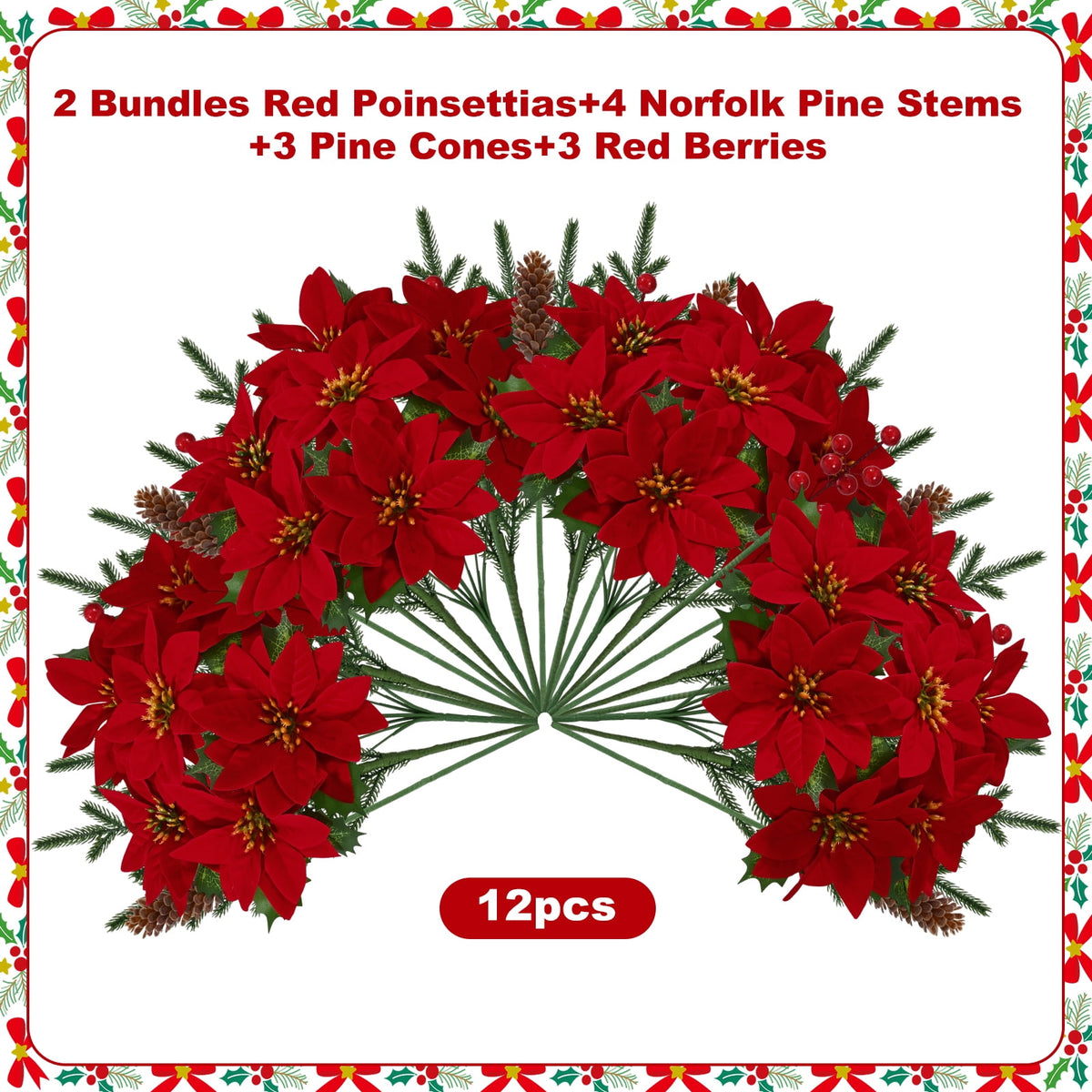 Waipfaru 12pcs Artificial Poinsettia Flower, Red Poinsettia Christmas Arrangement with Pine, Berries & Pinecones, Holiday Floral Centerpiece for Christmas Home Decorations