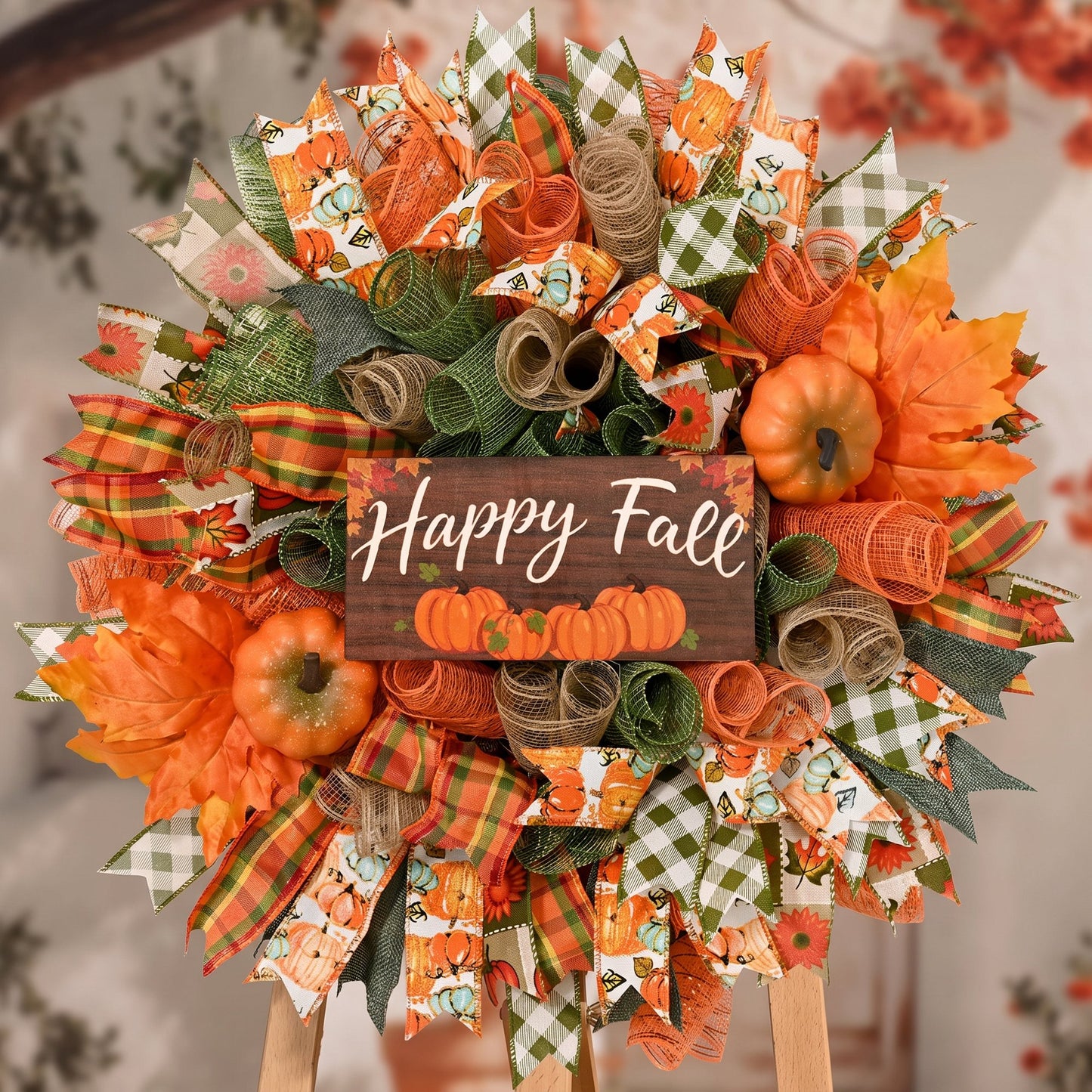Waipfaru Fall Wreath for Front Door,20"Autumn Mesh Door Wreath with Pumpkins,Rustic Farmhouse Decor for Thanksgiving Harvest Home Decor