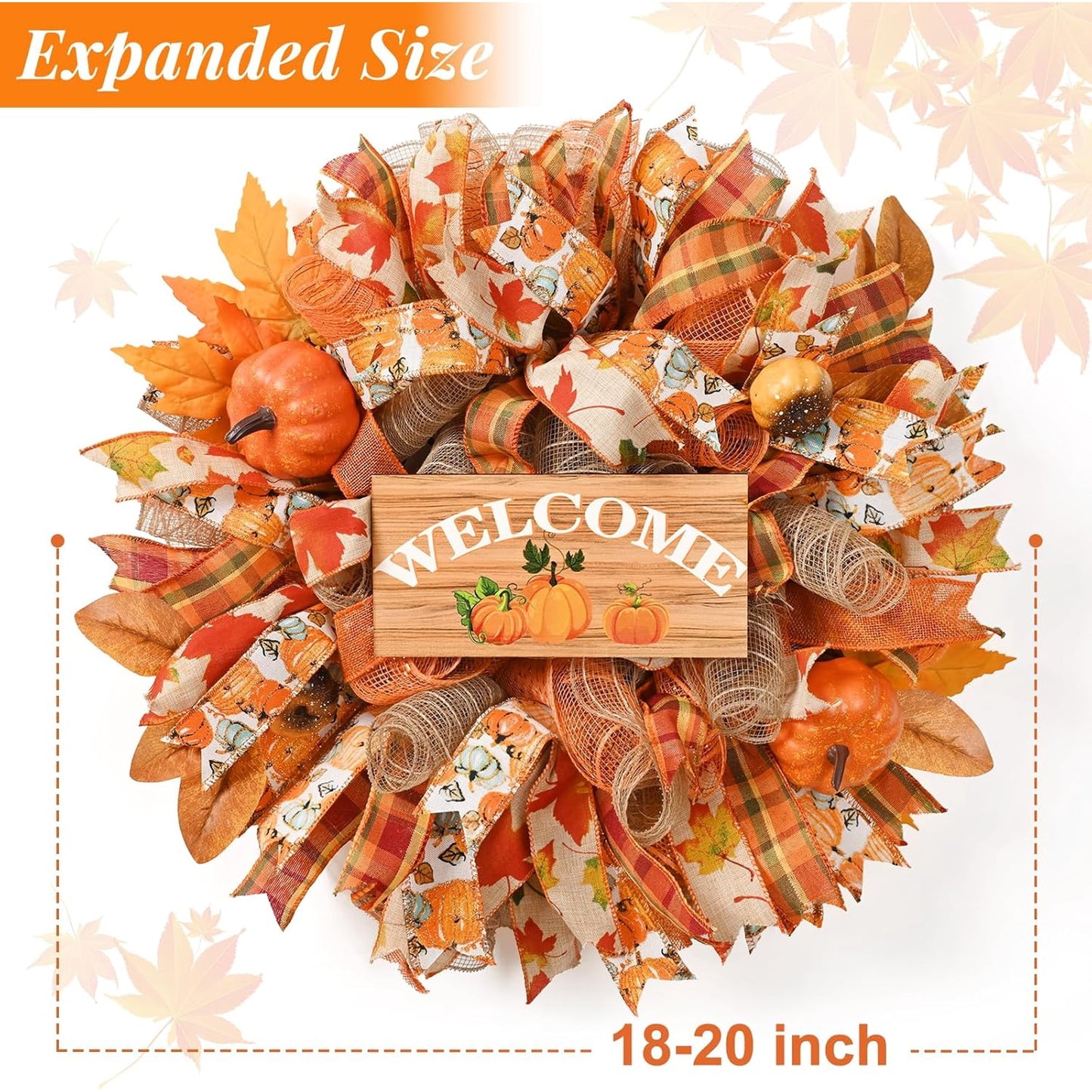 Waipfaru Fall Wreath for Front Door,20inch Autumn Mesh Wreath with Pumpkins, Ribbons,Welcome Sign,Rustic Farmhouse Decor for Thanksgiving Harvest