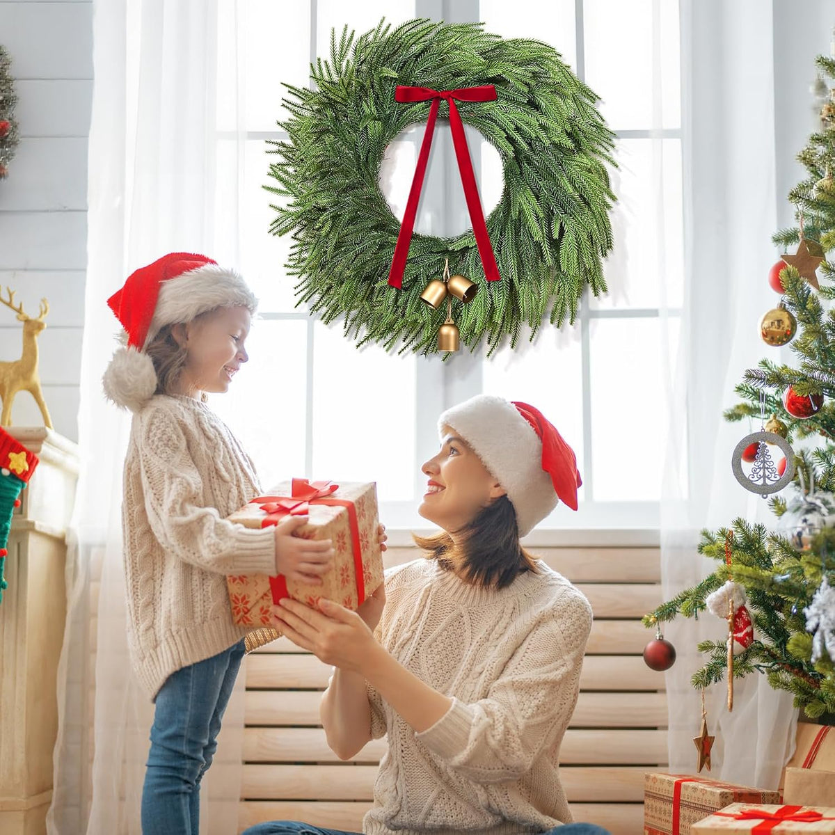 Waipfaru Christmas Wreath with Lights,24 inch Pre-lit Artificial Holiday Wreath with Bow & Bells, Battery Operated, Front Door Christmas Decorations Indoor Outdoor
