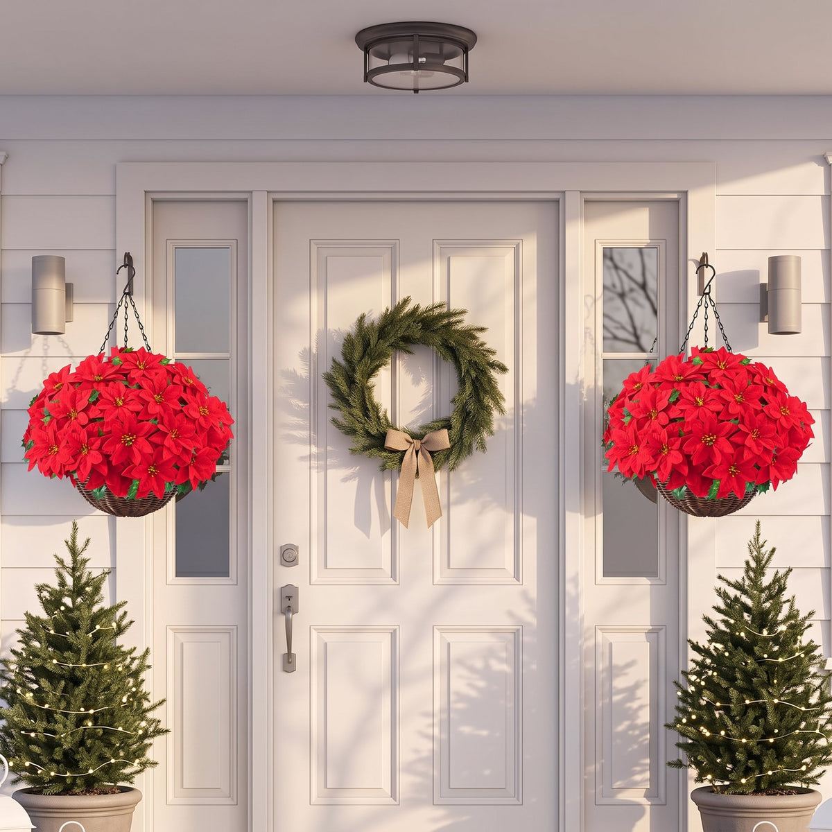 Waipfaru Artificial Poinsettia Christmas Hanging Basket, Fake Silk Red Poinsettia Flowers for Outdoor Indoor Front Porch Home Xmas Decor