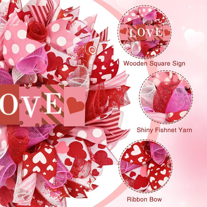 Waipfaru Valentines Day Wreath, 17 inch Round Mesh Wreath for Front Door,Valentine Wreath with Wooden Sign for Home Wedding Party
