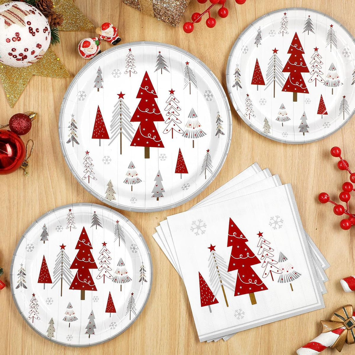 Waipfaru 200 PCS Christmas Paper Plates and Napkins Christmas Tree Party Supplies White Disposable Dinnerware Set for Xmas