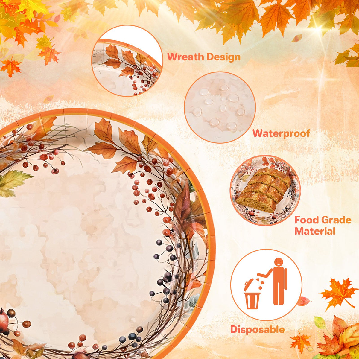 Waipfaru 200 PCS Pumpkin Fall Paper Plates and Napkins Thanksgiving Party Supplies Serve 50 Disposable Dinnerware