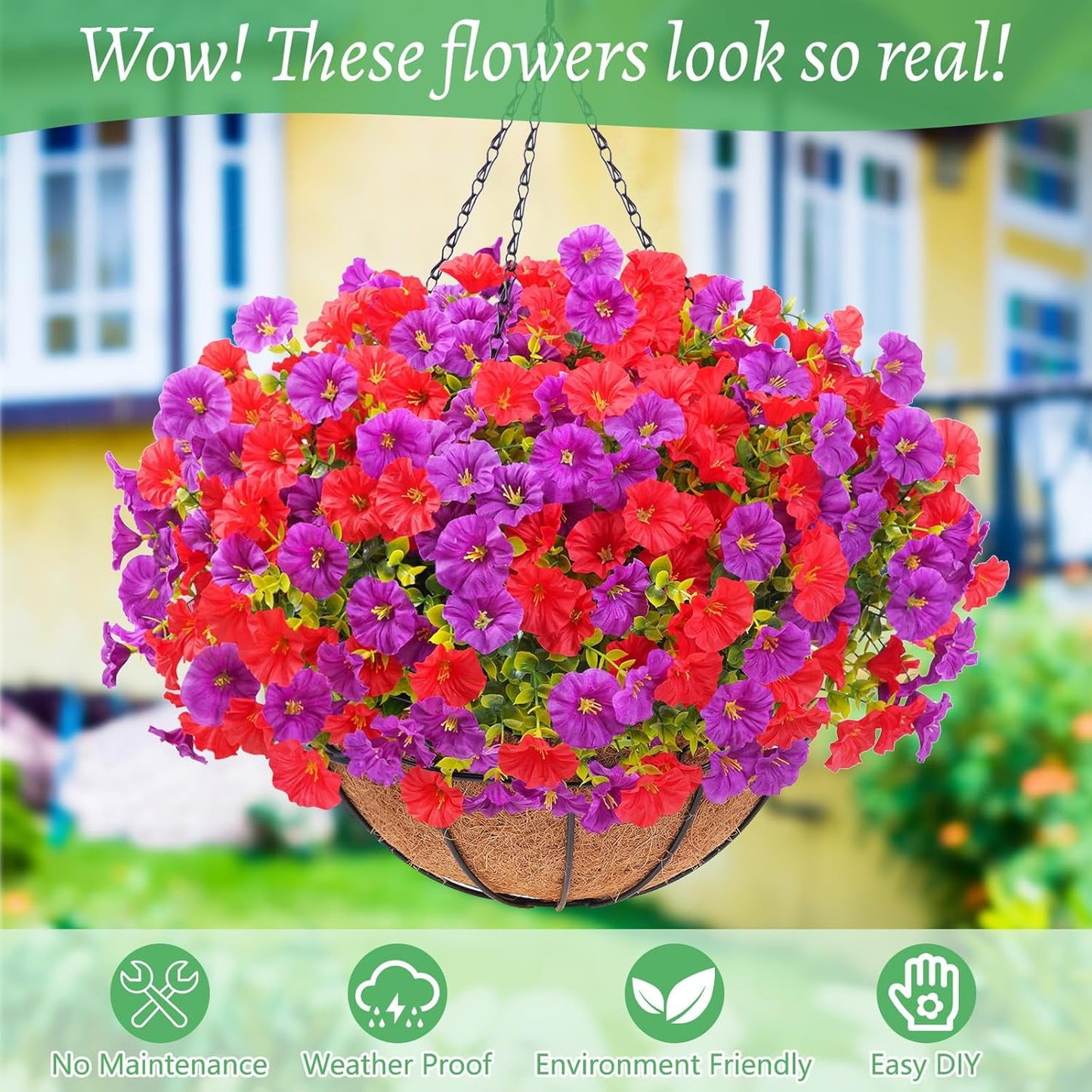 Waipfaru Artificial Hanging Flowers in Basket,Fake Hanging Plants for Outdoors Spring Summer Decoration,UV Resistant Petunias Flower for Garden Porch Patio Balcony Decor