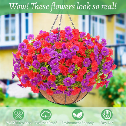 Waipfaru Artificial Hanging Flowers in Basket,Fake Hanging Plants for Outdoors Spring Summer Decoration,UV Resistant Petunias Flower for Garden Porch Patio Balcony Decor