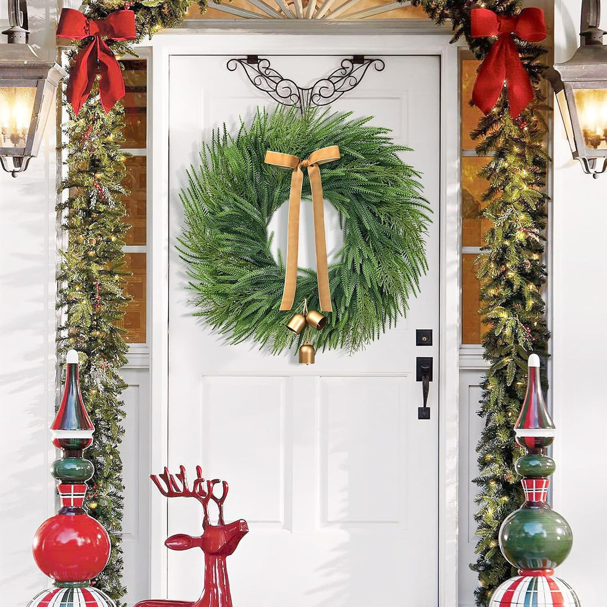 Waipfaru Christmas Wreath for Front Door,26 inch Pre-lit Artificial Holiday Wreath with Bow & Bells, Battery Operated, Front Door Christmas Decorations Indoor Outdoor