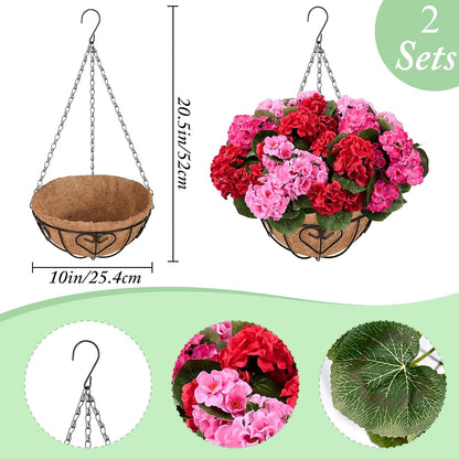 Waipfaru 2 Pack Artificial Geraniums Hanging Basket,UV Resistant Faux Silk Flowers for Outdoors,Realistic Fake Hanging Plants for Home Garden Decor