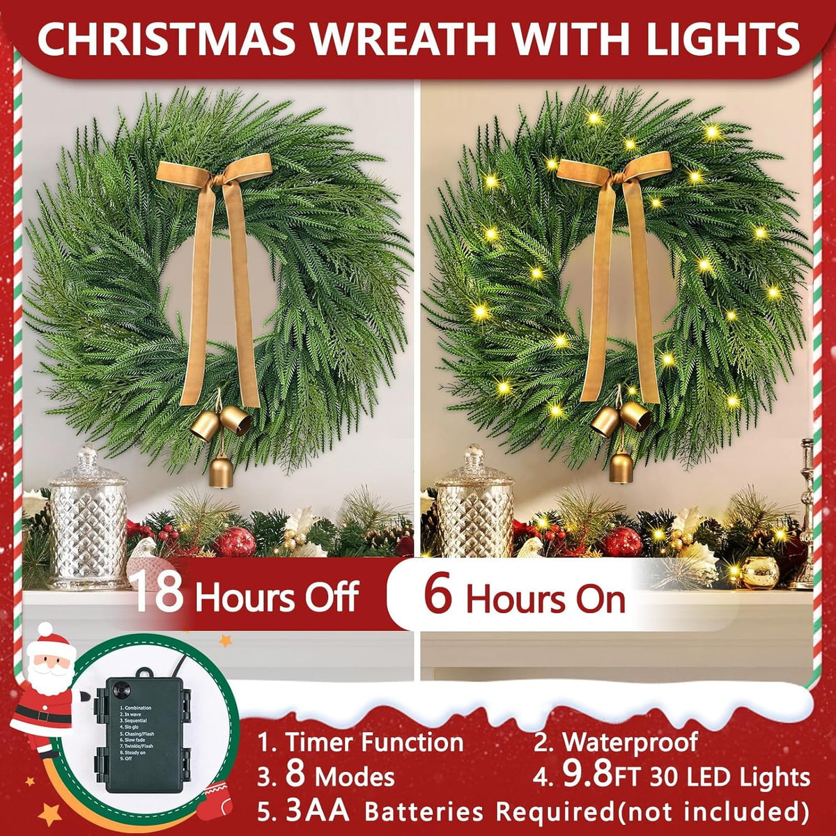 Waipfaru Christmas Wreath for Front Door,26 inch Pre-lit Artificial Holiday Wreath with Bow & Bells, Battery Operated, Front Door Christmas Decorations Indoor Outdoor