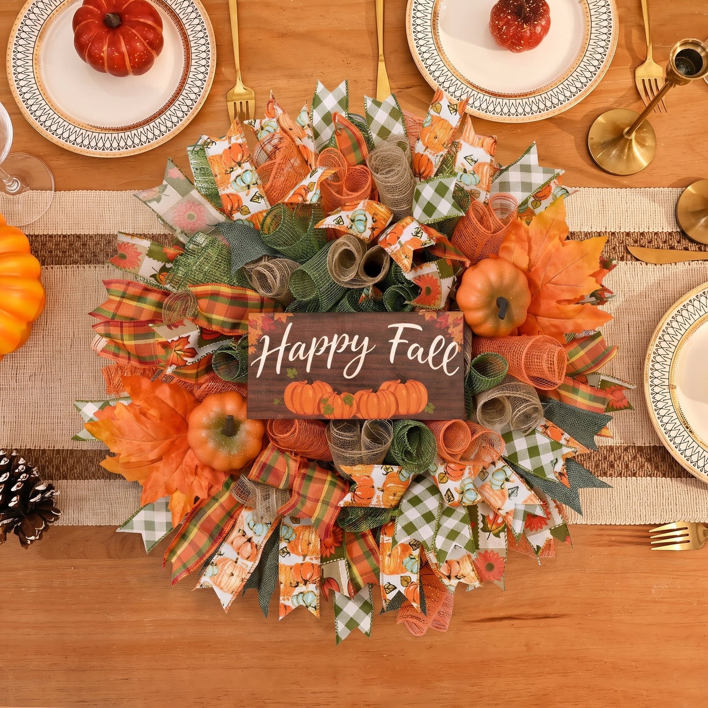 Waipfaru Fall Wreath for Front Door,20"Autumn Mesh Door Wreath with Pumpkins,Rustic Farmhouse Decor for Thanksgiving Harvest Home Decor
