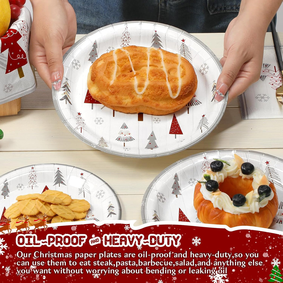 Waipfaru 200 PCS Christmas Paper Plates and Napkins Christmas Tree Party Supplies White Disposable Dinnerware Set for Xmas