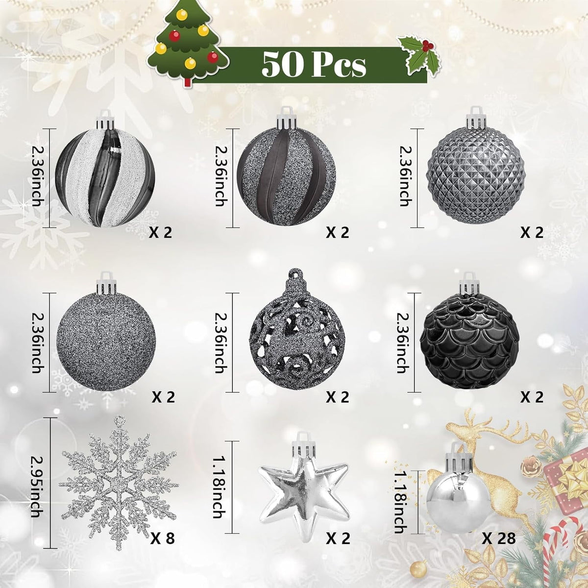 Waipfaru Christmas Balls Ornaments for Xmas Tree,50Pcs Shatterproof Christmas Tree Decorations, 2.36" Hanging Xmas Ball Ornaments Set for Holiday Party Decoration
