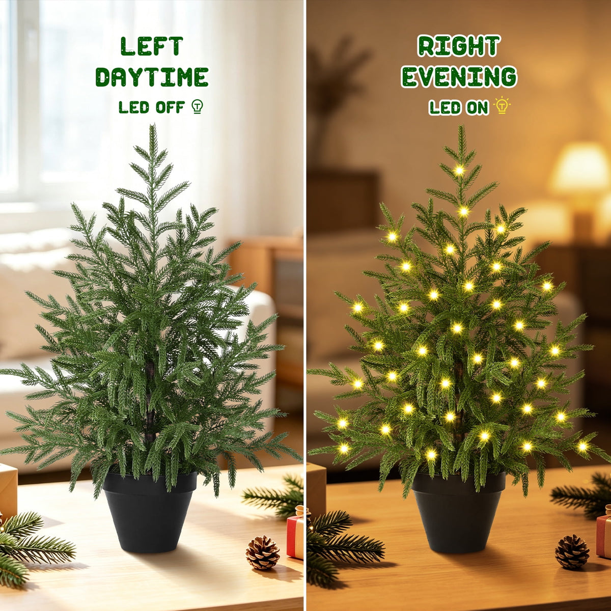 Waipfaru 2ft Pre-Lit Artificial Norfolk Pine Christmas Tree,Realistic Potted Tree with LED Lights, Artificial Christmas Trees for Holiday Decoration