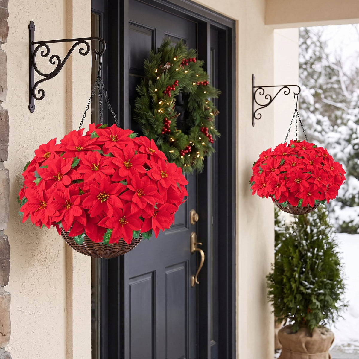 Waipfaru Artificial Poinsettia Christmas Hanging Basket, Fake Silk Red Poinsettia Flowers for Outdoor Indoor Front Porch Home Xmas Decor