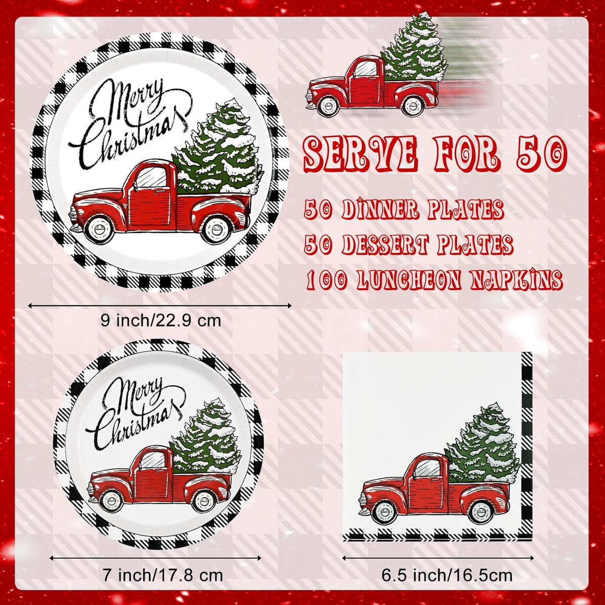 Waipfaru 200Pcs Christmas Paper Plates and Napkins Disposable,Rustic Truck Printed Round Disposable Plates for Christmas Holiday Dinner Birthday Party Supplies