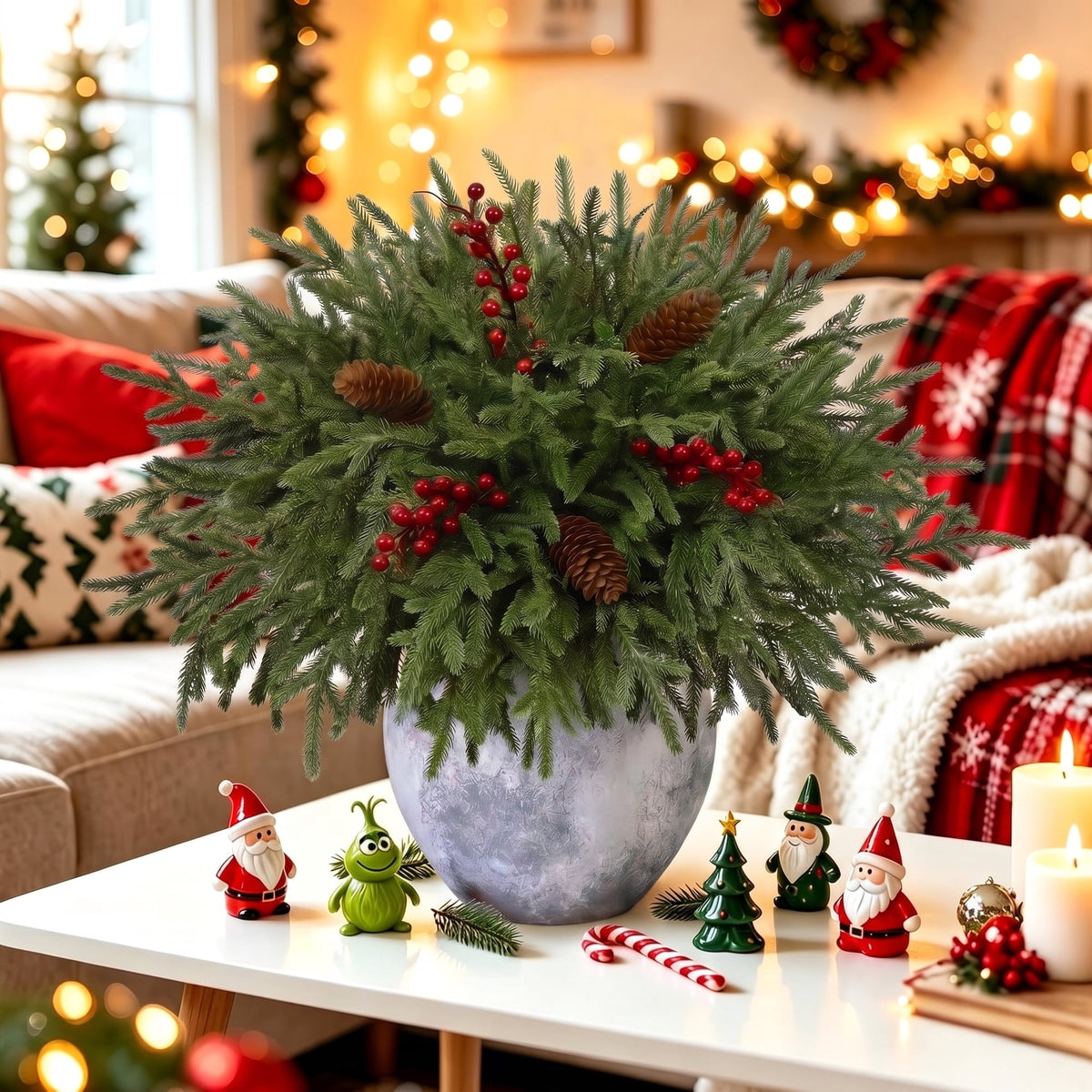 Waipfaru Artificial Christmas Norfolk Pine Branches with Lights,24 Pcs Fake Evergreen Real Touch Greenery Stem for Xmas Holiday Winter Table Indoor Decor