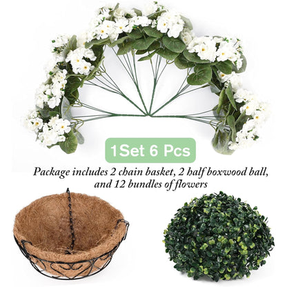 Waipfaru 2 Pack Artificial Geraniums Hanging Basket,UV Resistant Faux Silk Flowers for Outdoors,Realistic Fake Hanging Plants for Home Garden Decor