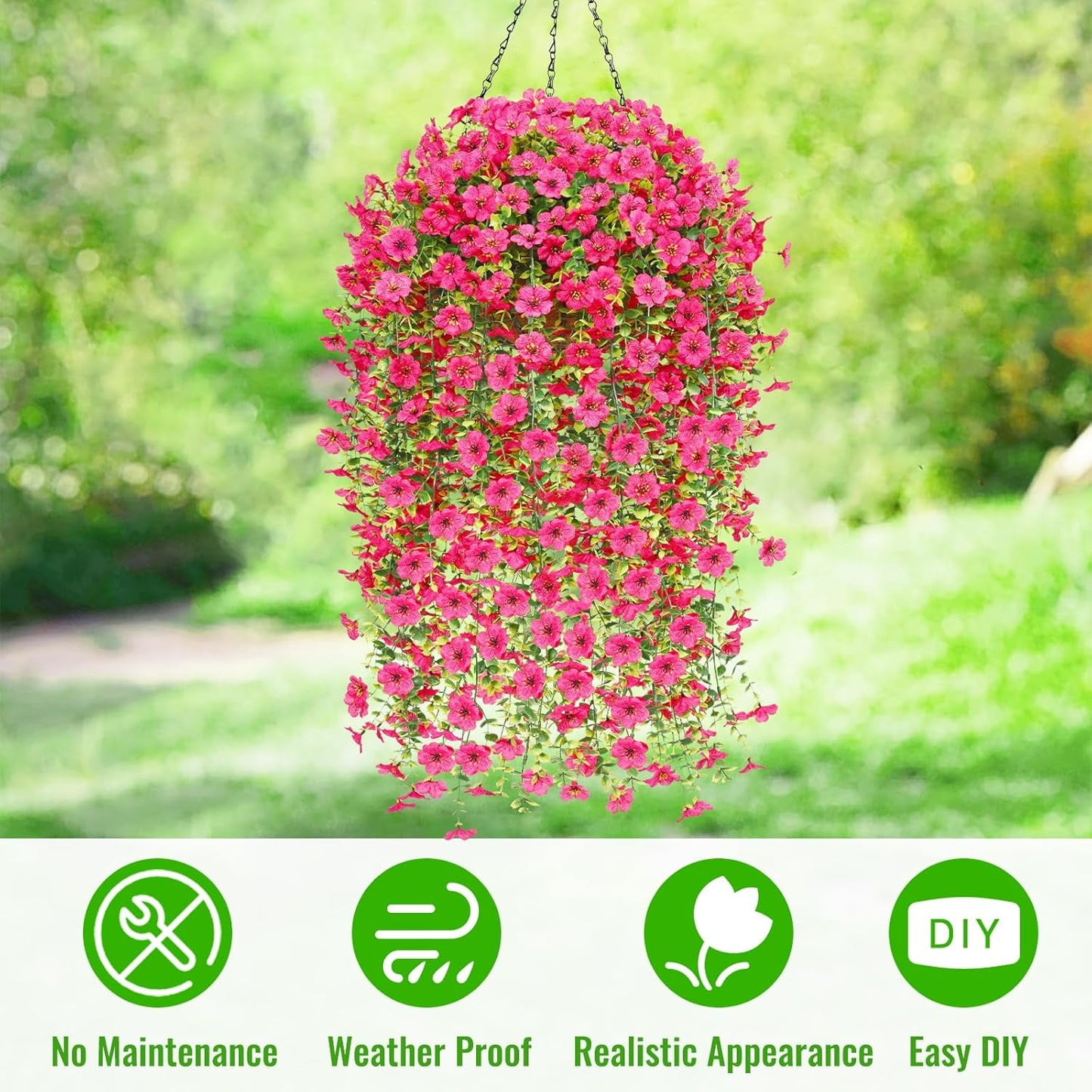 Waipfaru Artificial Hanging Flowers for Outdoors Spring Summer Decoration,2 Pcs UV Resistant Faux Silk Violet Fake Flowers for Garden Porch Window Home Decor(Rose Red)