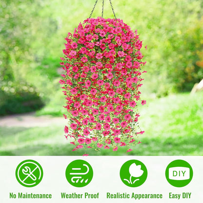 Waipfaru Artificial Hanging Flowers for Outdoors Spring Summer Decoration,2 Pcs UV Resistant Faux Silk Violet Fake Flowers for Garden Porch Window Home Decor(Rose Red)