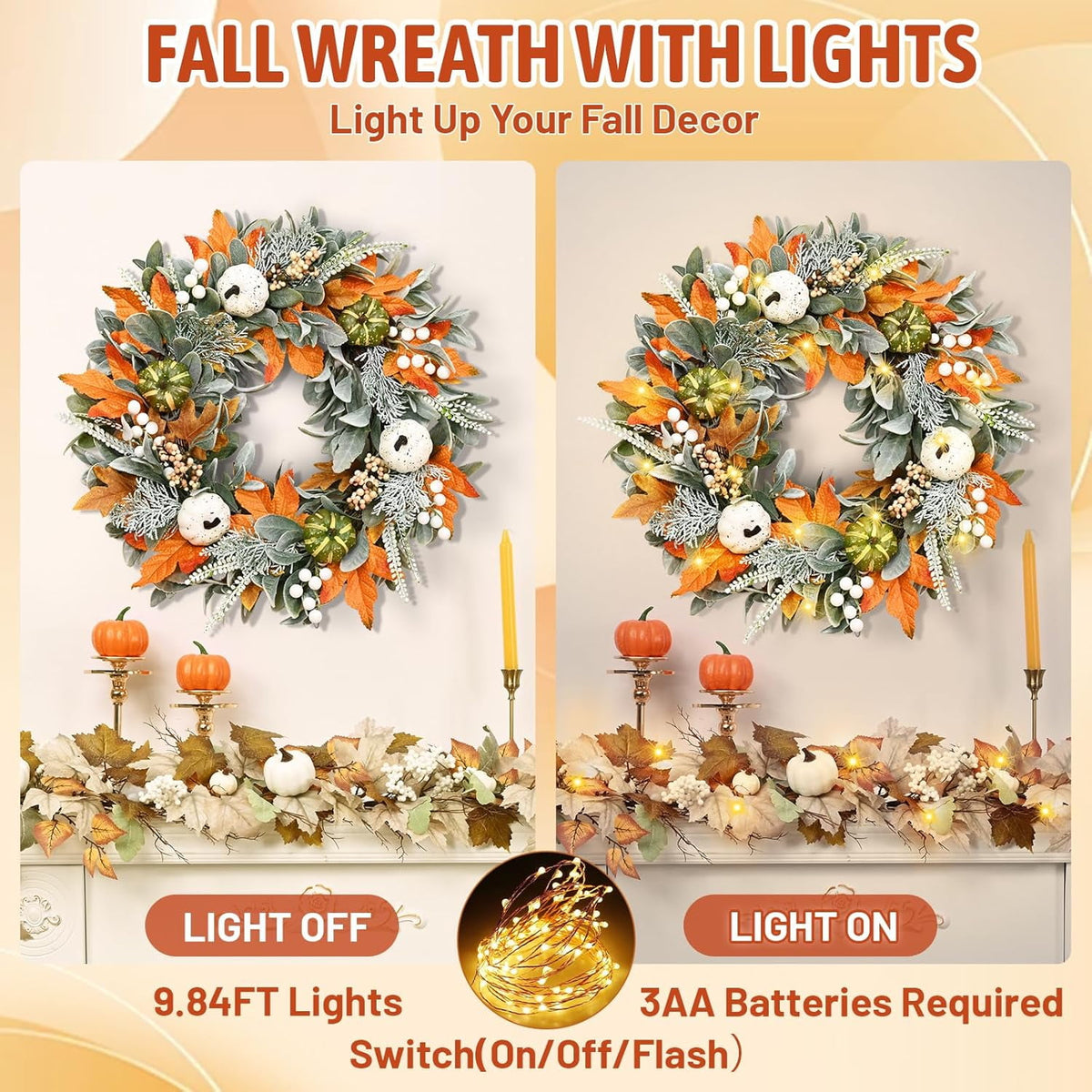 Waipfaru Fall Wreath for Front Door, 22inch Autumn Maple Leaves Wreaths with Lights, Table Centerpiece Thanksgiving Halloween Harvest Festival Decor