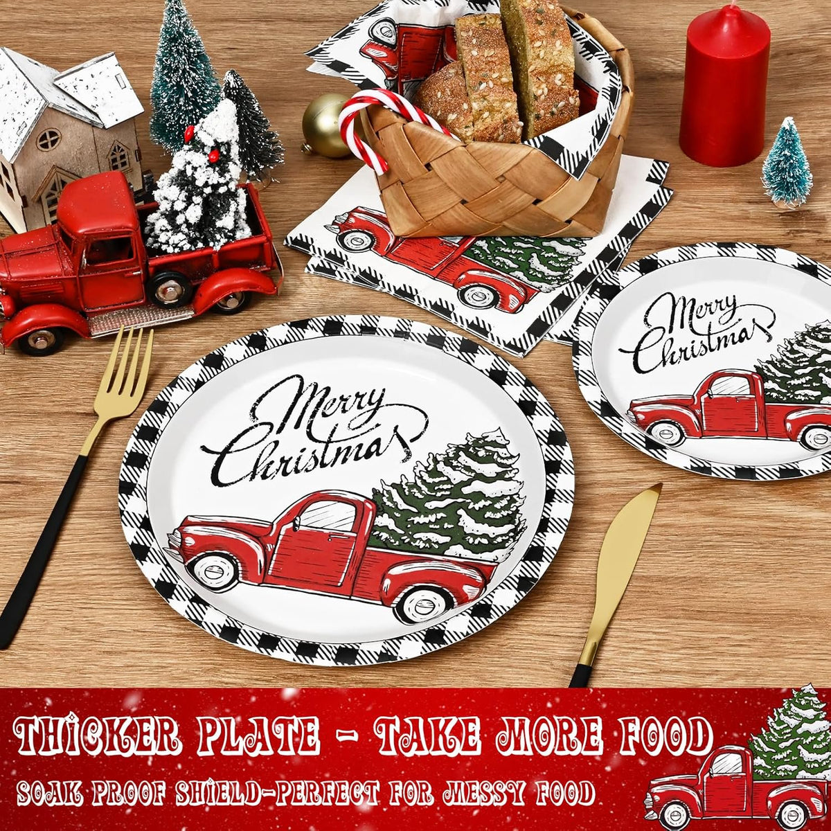 Waipfaru 200Pcs Christmas Paper Plates and Napkins Disposable,Rustic Truck Printed Round Disposable Plates for Christmas Holiday Dinner Birthday Party Supplies