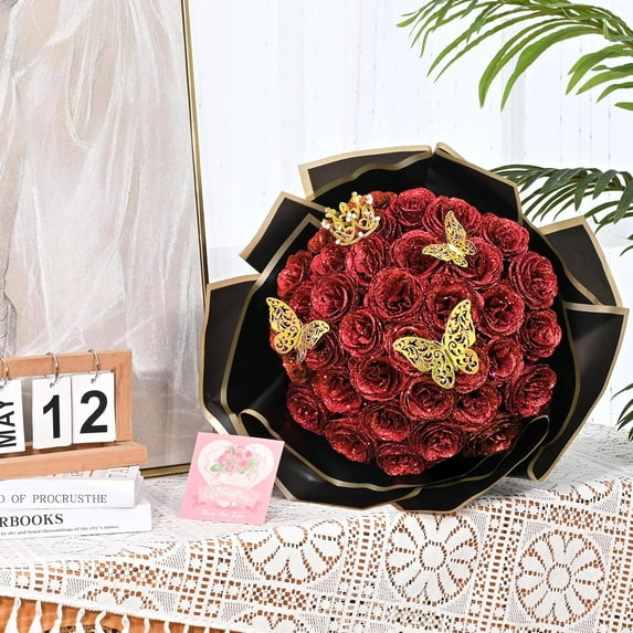 Waipfaru Glitter Roses Bouquet,24pcs Artificial Rose Flower,DIY Glitter Everlasting Rose Bouquet with Stem for Valentine's Day Gifts,Engagement,Anniversary,Wedding