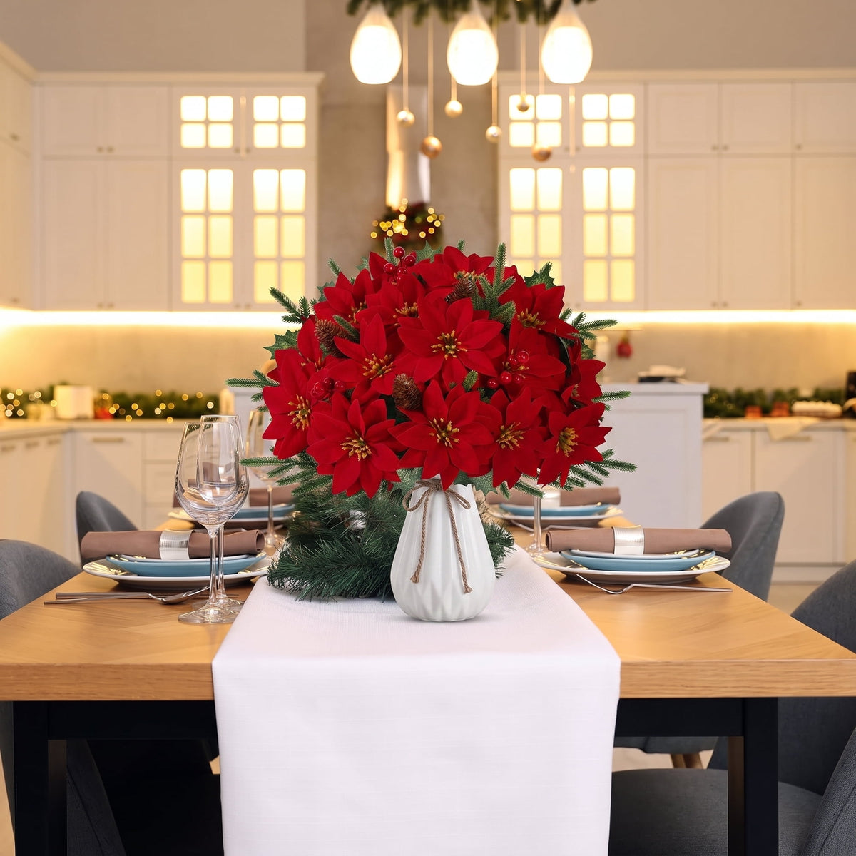 Waipfaru 12pcs Artificial Poinsettia Flower, Red Poinsettia Christmas Arrangement with Pine, Berries & Pinecones, Holiday Floral Centerpiece for Christmas Home Decorations