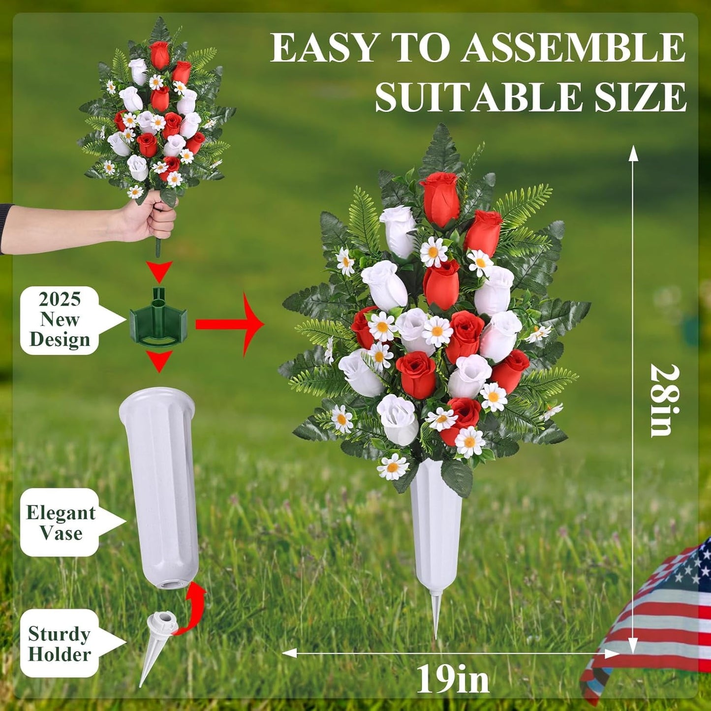 Waipfaru Artificial Cemetery Flowers with Vase,2 Pack Artificial Rose Lily Grave Bouquet,Silk Memorial Flowers for Cemetery Headstones Decoration