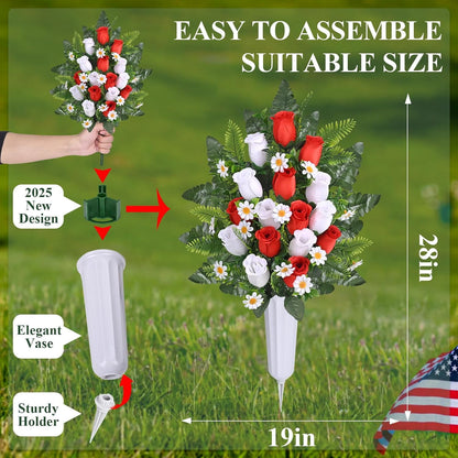 Waipfaru Artificial Cemetery Flowers with Vase,2 Pack Artificial Rose Lily Grave Bouquet,Silk Memorial Flowers for Cemetery Headstones Decoration