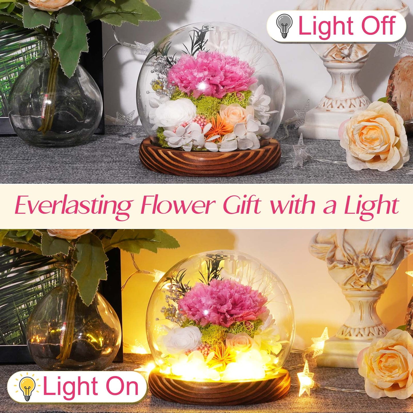 Waipfaru Preserved Rose in Glass Dome with Wooden Base,Eternal Rose Flower for Valentine’s Day, Anniversary, Birthday, Romantic Gift for Her
