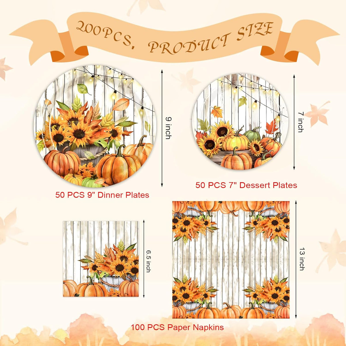Waipfaru 200 Pcs Fall Paper Plates and Napkins Thanksgiving Party Supplies White Pumpkin Disposable Dinnerware Server 50