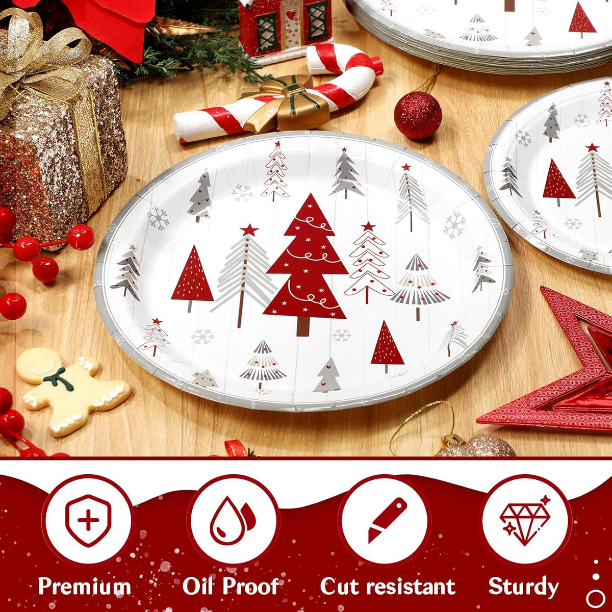 Waipfaru 200 PCS Christmas Paper Plates and Napkins Christmas Tree Party Supplies White Disposable Dinnerware Set for Xmas