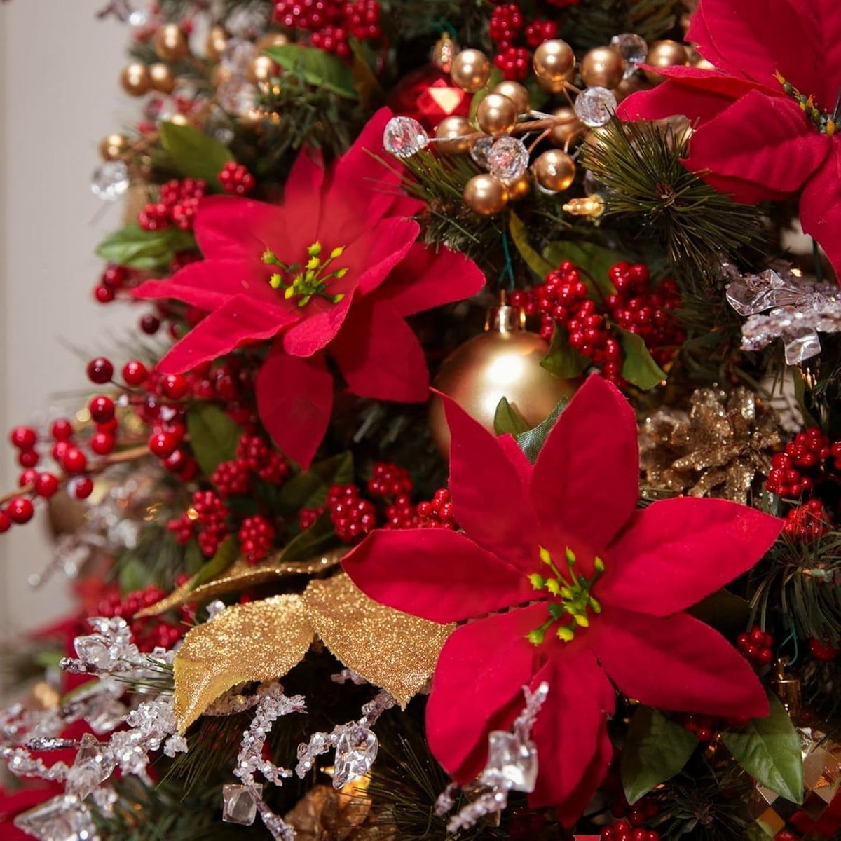 Waipfaru 4pcs Artificial Poinsettia Bushes,14 inch Faux Red Velvet Poinsettia Flowers for Indoor Outdoor Christmas Tree Home Porch Decorations