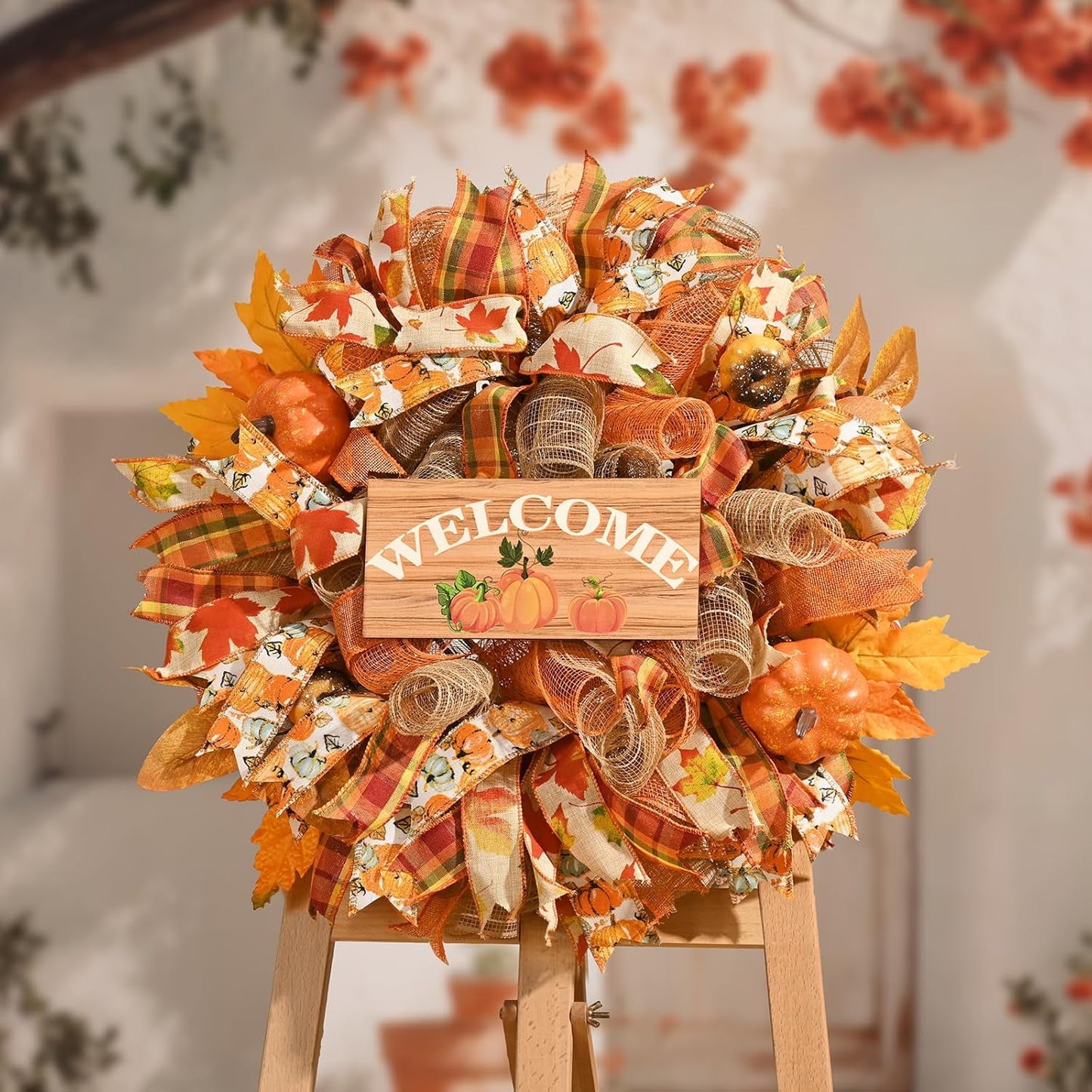 Waipfaru Fall Wreath for Front Door,20inch Autumn Mesh Wreath with Pumpkins, Ribbons,Welcome Sign,Rustic Farmhouse Decor for Thanksgiving Harvest