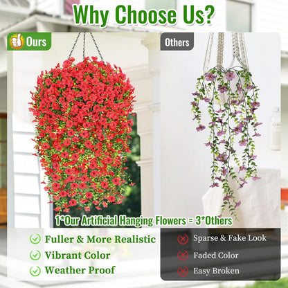 Waipfaru Artificial Hanging Flowers for Outdoors Spring Summer Decoration,2 Pcs UV Resistant Faux Silk Violet Fake Flowers for Garden Porch Window Home Decor(Red)