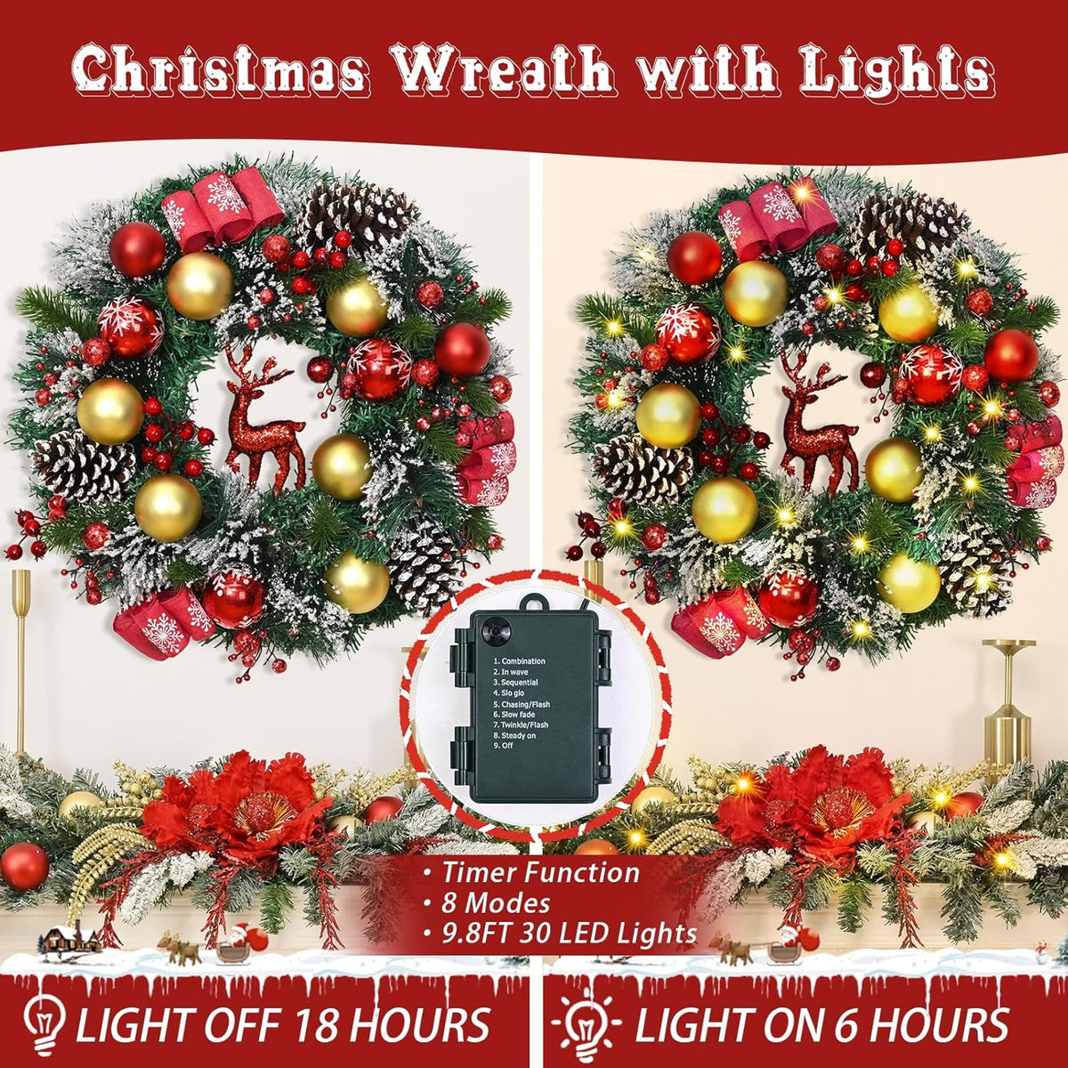 Waipfaru Pre-Lit Christmas Wreaths for Front Door,16"Artificial Christmas Wreath with Lights Xmas Balls Berries Pinecones for Fireplace Window Outdoor Decoration