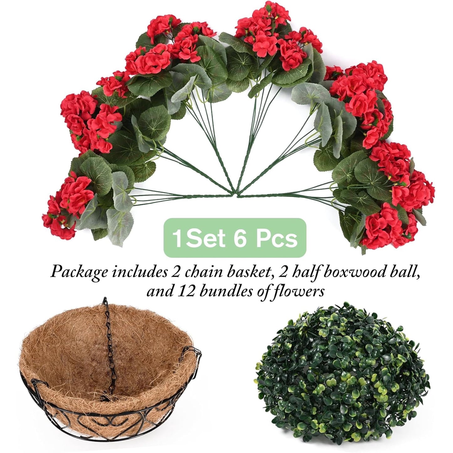 Waipfaru 2 Pack Artificial Geraniums Hanging Basket,UV Resistant Faux Silk Flowers for Outdoors,Realistic Fake Hanging Plants for Home Garden Decor