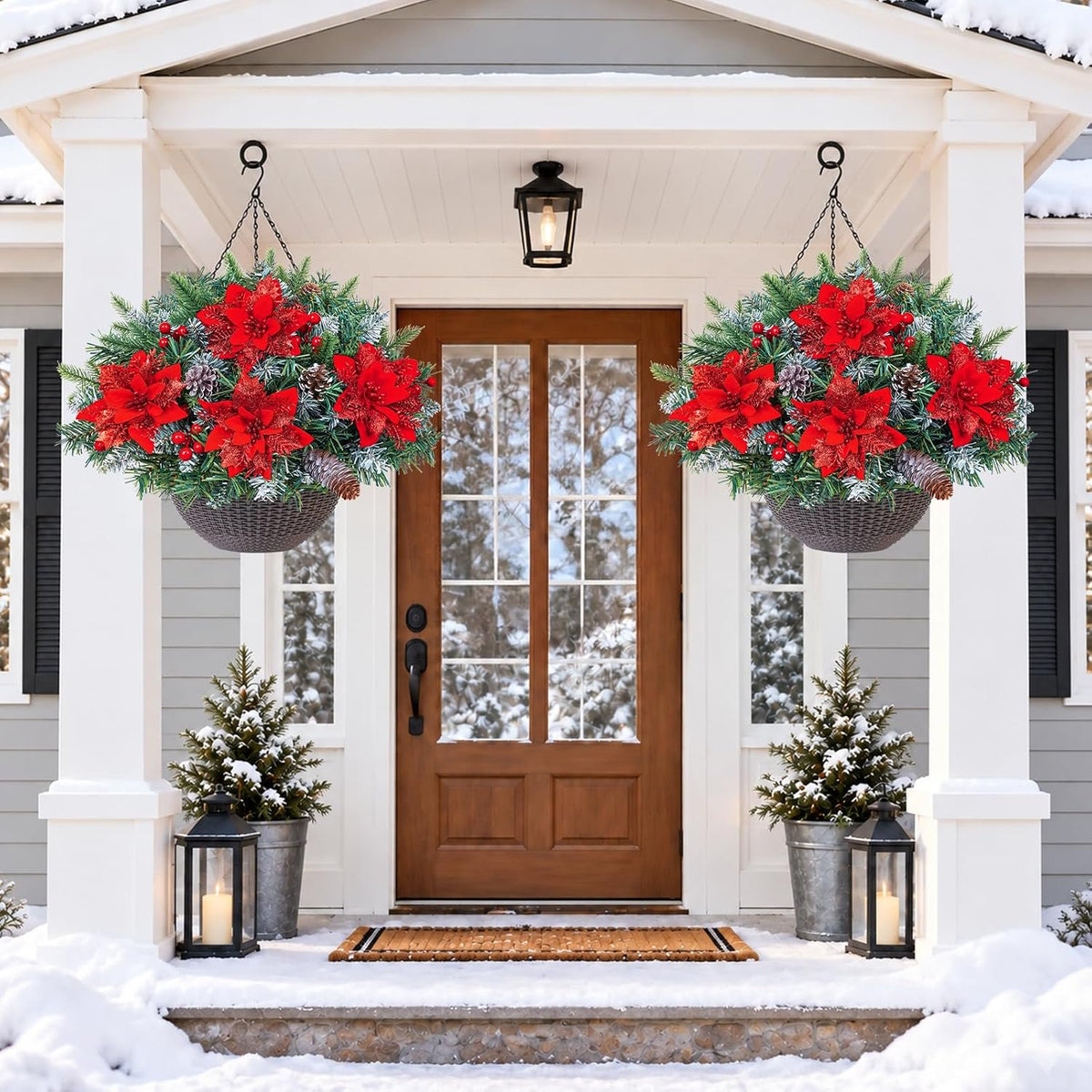 Waipfaru Set of 2 Artificial Christmas Hanging Basket with lights, Fake Silk Flowers for Outdoor Indoor Front Porch, Garden, Patio, Home Xmas Decor