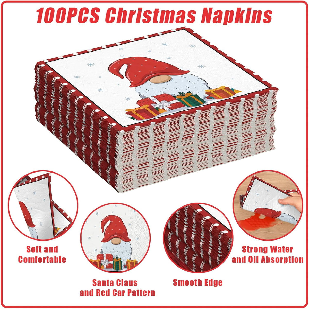 Waipfaru 200 PCS Christmas Paper Plates and Napkins Christmas Tree Gnome Party Supplies Red Disposable Dinnerware Set for Dinner Party Decoration