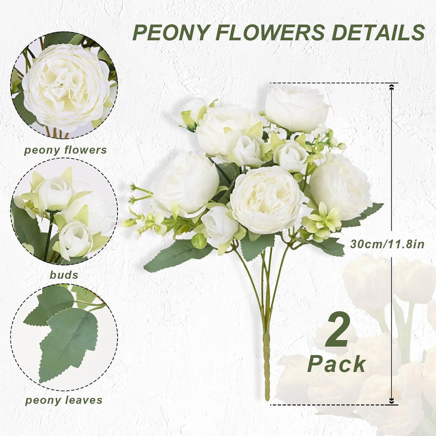 Waipfaru 2 Bundles Artificial Peonies Faux Flowers,Fake Peonies Artificial Flower Bouquet for Table Centerpiece,Silk Flowers for Home Wedding Decor Holding Flowers (White)