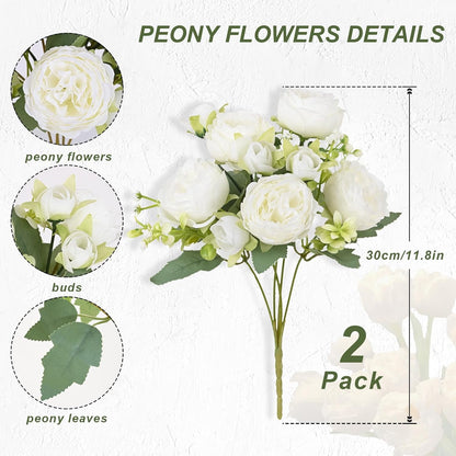 Waipfaru 2 Bundles Artificial Peonies Faux Flowers,Fake Peonies Artificial Flower Bouquet for Table Centerpiece,Silk Flowers for Home Wedding Decor Holding Flowers (White)