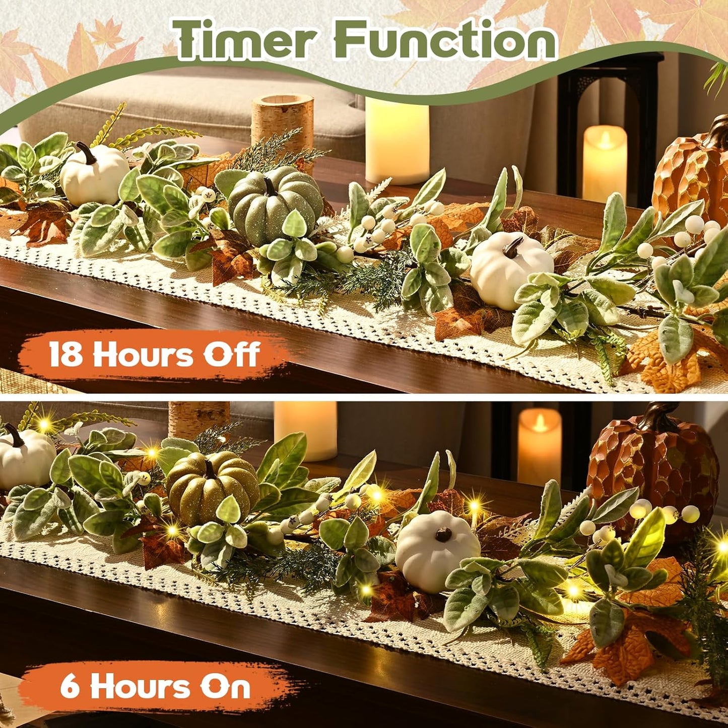 Waipfaru 6ft Fall Garland for Mantle, Lighted Autumn Garland for Table Centerpiece Thanksgiving Porch Home Decor