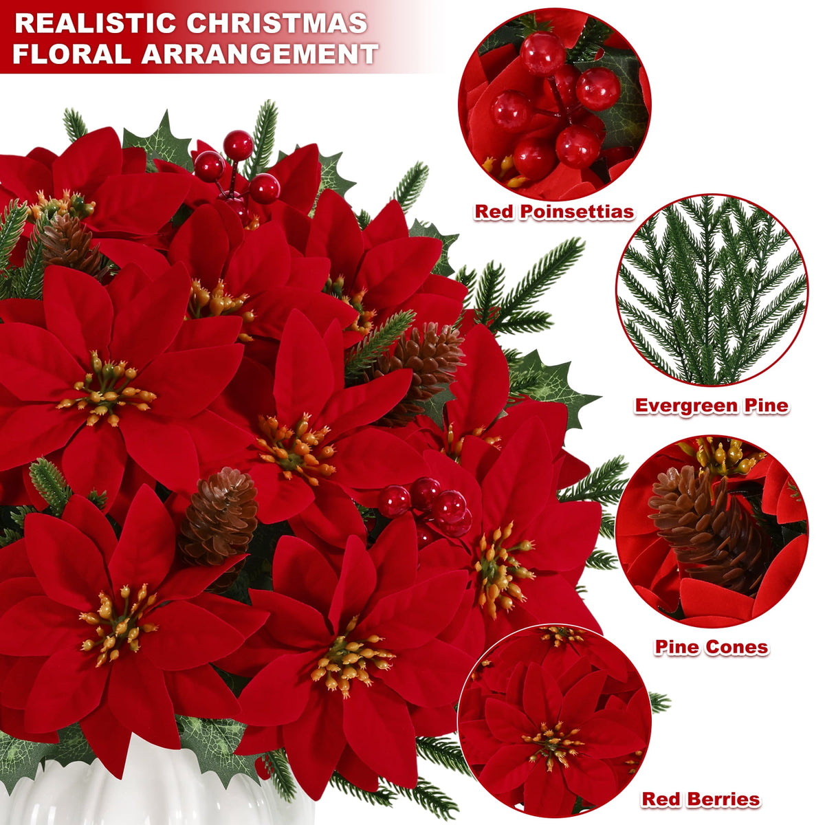 Waipfaru 12pcs Artificial Poinsettia Flower, Red Poinsettia Christmas Arrangement with Pine, Berries & Pinecones, Holiday Floral Centerpiece for Christmas Home Decorations
