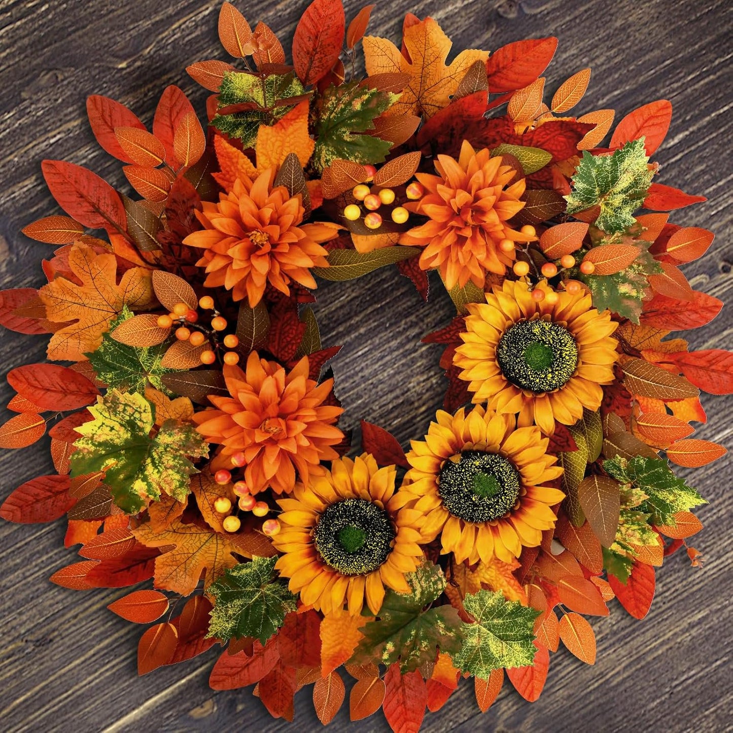 Waipfaru Fall Wreath for Front Door,22inch Sunflower and Dahlia Autumn Wreath, Large Fall Floral Wreath for Thanksgiving, Harvest & Farmhouse Decor