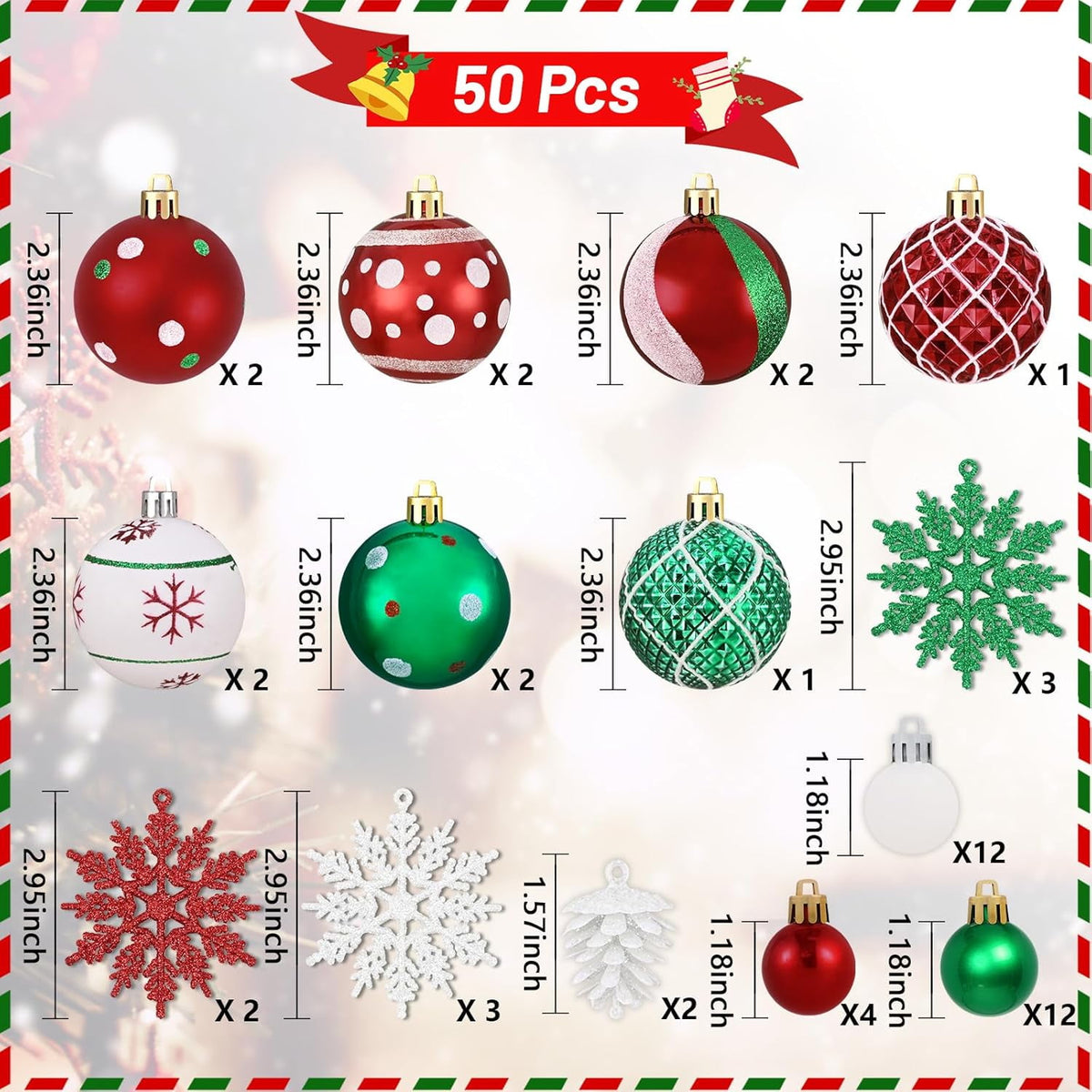 Waipfaru Christmas Balls Ornaments for Xmas Tree,50Pcs Shatterproof Christmas Tree Decorations, 2.36" Hanging Xmas Ball Ornaments Set for Holiday Party Decoration