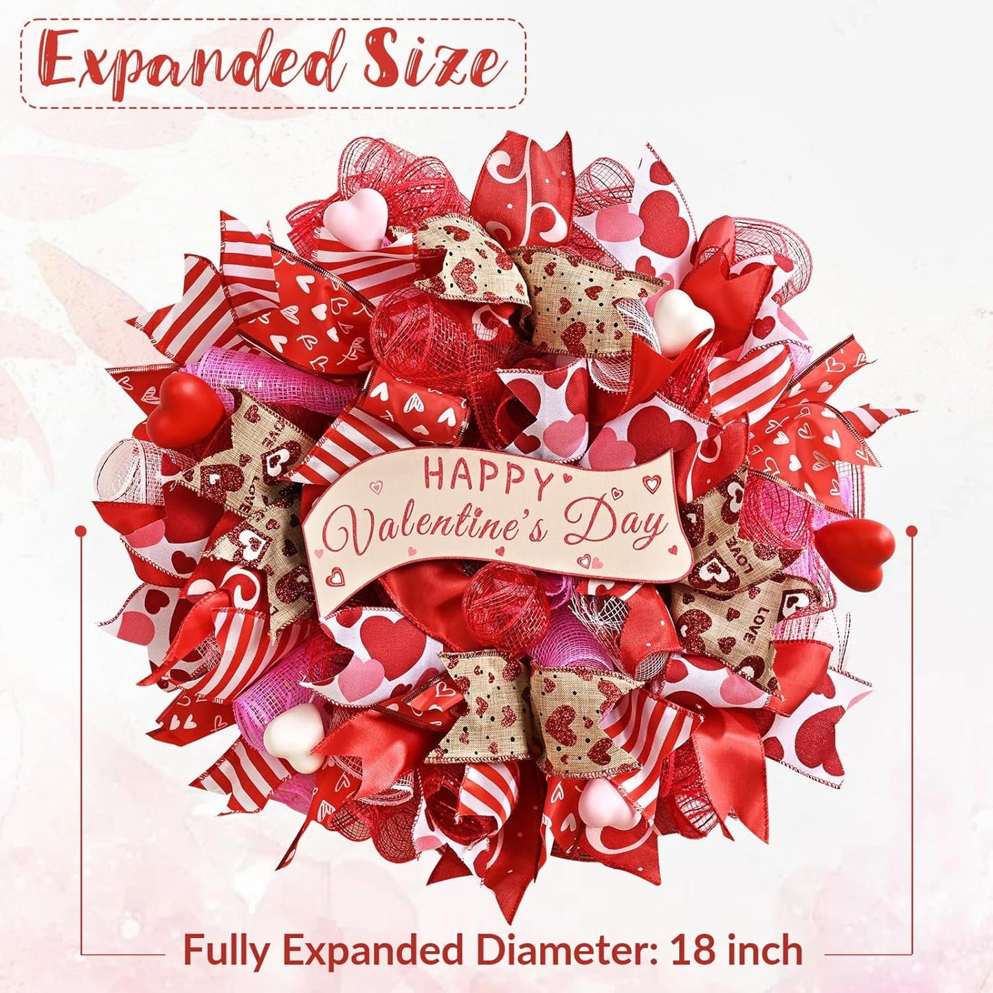 Waipfaru 18" Valentines Day Mesh Wreath for Front Door,Handmade Red & Pink Deco Mesh Wreath with Wooden Sign,Romantic Heart Ribbon Door Hanger for Valentine Decorations