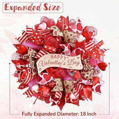Waipfaru 18" Valentines Day Mesh Wreath for Front Door,Handmade Red & Pink Deco Mesh Wreath with Wooden Sign,Romantic Heart Ribbon Door Hanger for Valentine Decorations