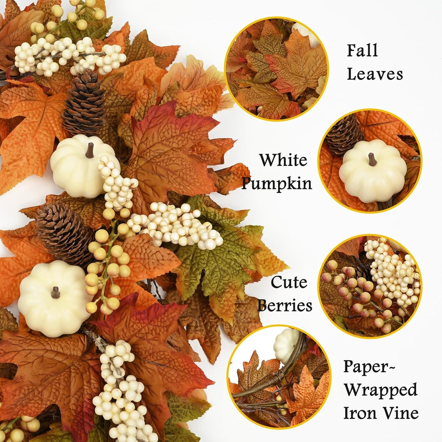 Waipfaru 20inch Fall Wreaths for Front Door,Artificial Autumn Wreath with Lights for Thanksgiving Harvest Halloween Porch Home Decor