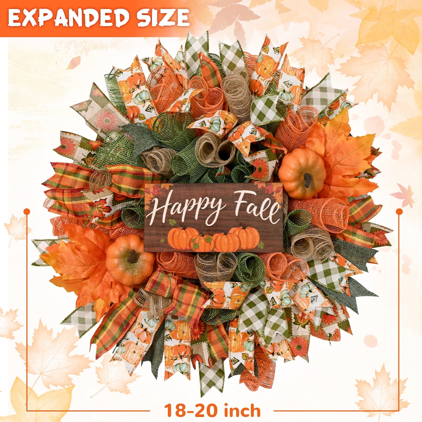 Waipfaru Fall Wreath for Front Door,20"Autumn Mesh Door Wreath with Pumpkins,Rustic Farmhouse Decor for Thanksgiving Harvest Home Decor